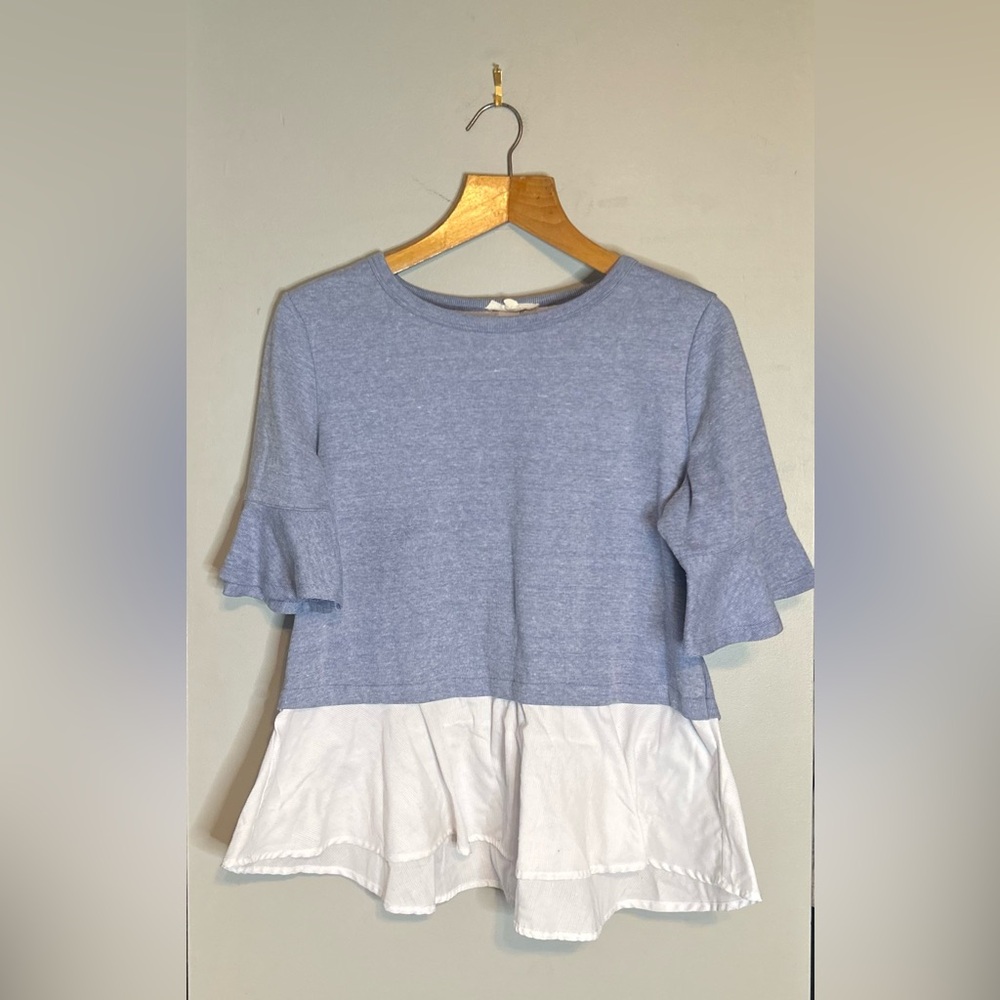 Jane and Delancey Blue and White Ruffle Hem Knit Top